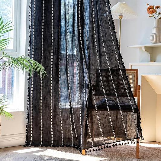 Deeprove Black Boho Curtains 63 inches Length for Kitchen, Vintage Bohemian Embroidery Farmhouse Cotton Linen French Country Tassel Window Treatments Gothic Halloween Decor, W52 x L63, 1 Panel