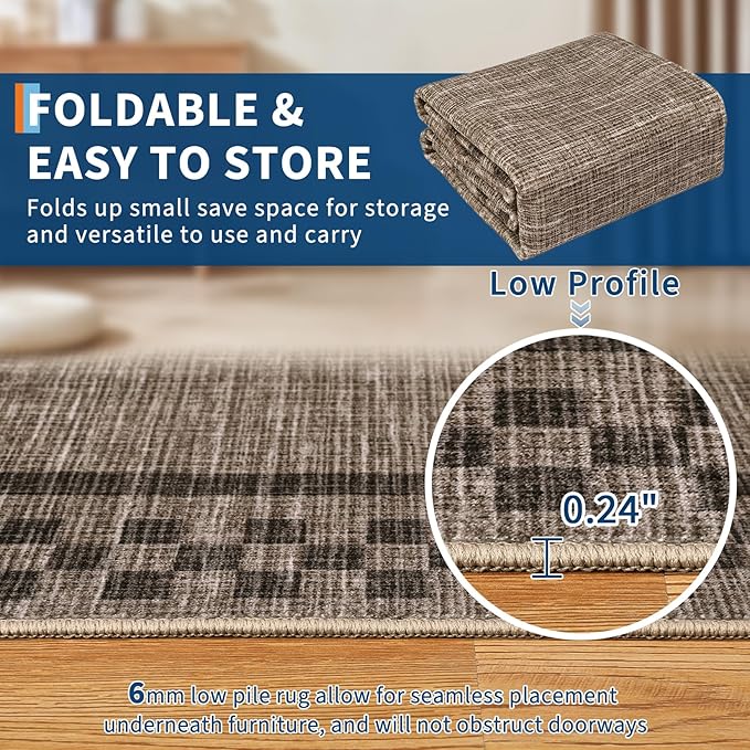 GarveeHome Modern Bordered 9x12 Area Rugs for Living Room Bedroom Soft Washable Large Bedroom Throw Carpet Non Slip Checkered Geometric Rugs for Dining Room Home Decor Office, Brown
