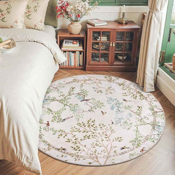 jinchan Yarden Round Rugs 6ft Ivory Botanical Birds Print Machine Washable 6' Circle Nature Plants Modern Soft Non Slip Kids Throw Area Rugs Ultra Thin Low Pile Carpet for Living Room Bedroom