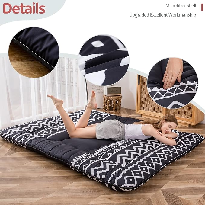 MAXYOYO Japanese Floor Futon Mattress - Thicken Sleeping Pad, Roll Up Floor Lounger Bed for Camping, Guest Room - Thick, Soft and Comfortable, Black Stripe, Full Size