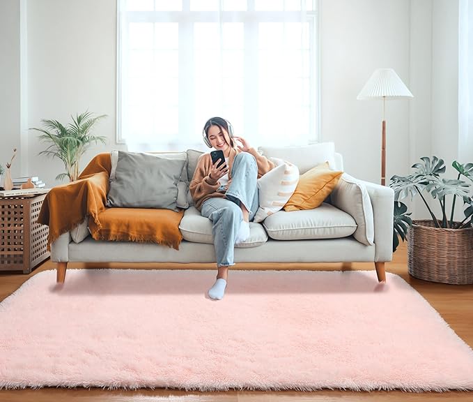 ONASAR Pink Rugs for Bedroom Girls, Fluffy 4x6 Soft Plush Fuzzy Shaggy Kids Area Rug, Washable Cute Indoor Floor Carpet for Teen Boys Dorm Nursery Bedside Home Living Room Decor Aesthetic