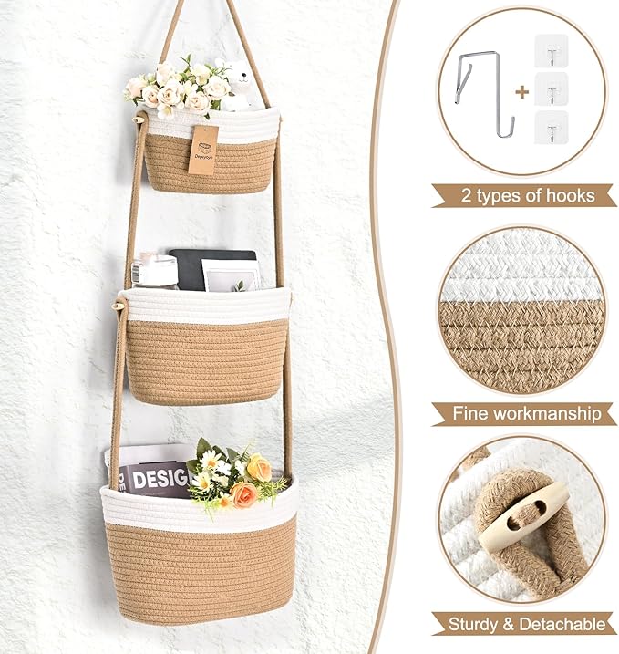 Hanging Storage Baskets, 3-Tier Over the Door Basket, Cotton Wall Baskets Storage, Detachable Hanging Door Basket with 4 Hooks, Over the Door Organizer Nursery for Bedroom, Living Room, Bathroom Wall
