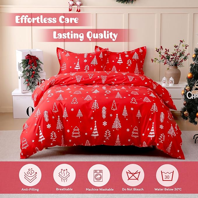 JSD Red Christmas Tree Kids Duvet Cover Set Full Size, 3 Piece Xmas Comforter Cover with Pillow Sham Zipper Closure, Comforter Not Included