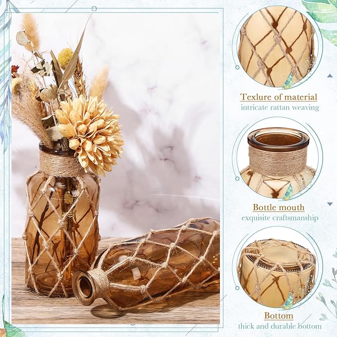 Chuangdi Set of 2 Coastal Glass Vases for Flower Small Flower Vase with Boho Rope Wrapping Beach Decorative Bottle for Coastal Nautical Table Centerpiece Wedding Floral Arrangement Decor(Light Brown)
