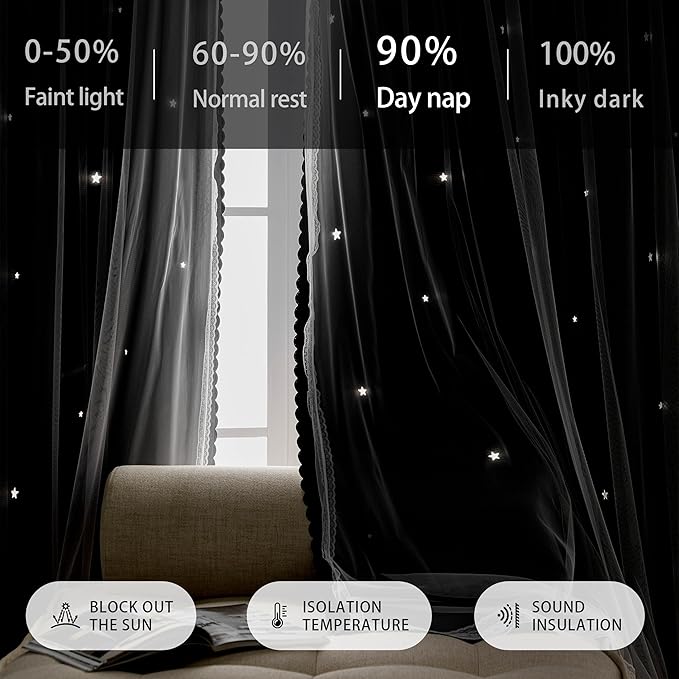 XiDi Girls Curtains for Bedroom with Star, Ideal for Kids Room with Unicorn Theme, Blackout Curtains for Living Room Princess Room Deco 96 inchs Long 52 inches Wide 2 Panel Grey