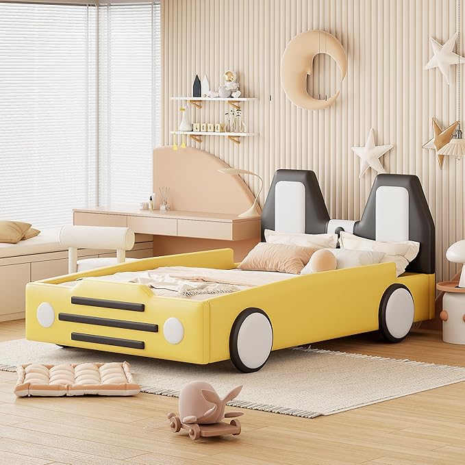 Harper & Bright Designs Twin Size Race Car-Shaped Platform Bed with Wheels,Yellow