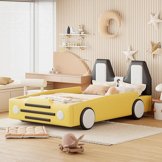 Twin Size Race Car Bed for Kids, PU Car-Shaped Bedframe with Wheels and Side Rails for Boys,Girls, Wood Slat Support, No Box Spring Needed,Yellow