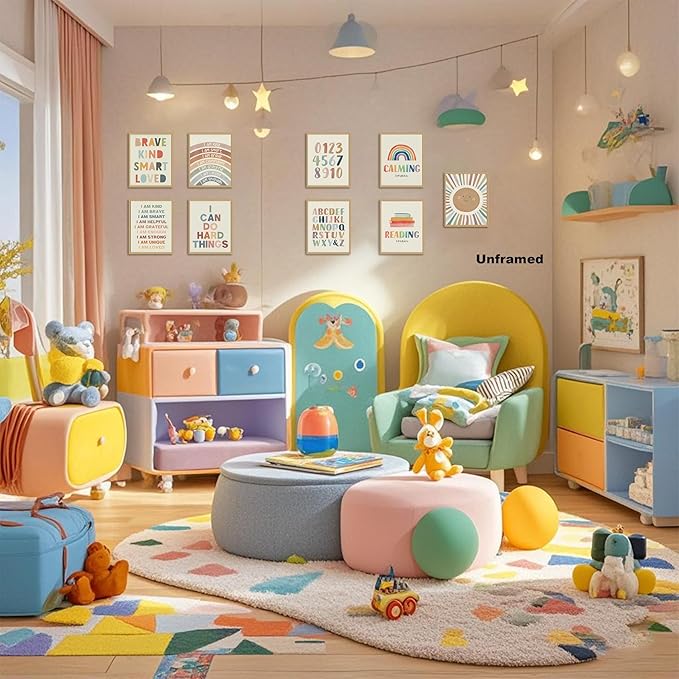 Baby Alphabet Wall Art Set of 9, Boho Rainbow Canvas Posters Prints, Kids Playroom ABC Positive Affirmation Wall Decor Paintings for Kids Room Playroom Nursery Home Decor 8x10In Unframed