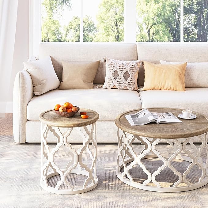 karlott Farmhouse End Table, 18.5'' French Country Round Side Table, Distressed Tray Top Side Table with Curved Motif Frame Base for Boho, End Tables Living Room, Bedroom, Small Space, Easy Assembly