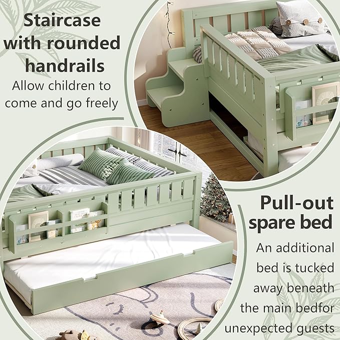 Bellemave Full Bed with Trundle and Stairs, Full Size Platform Bed Frame with Fence and Bookshelf, Easy Assemble Beds for Kids, Girls, Boys, Green