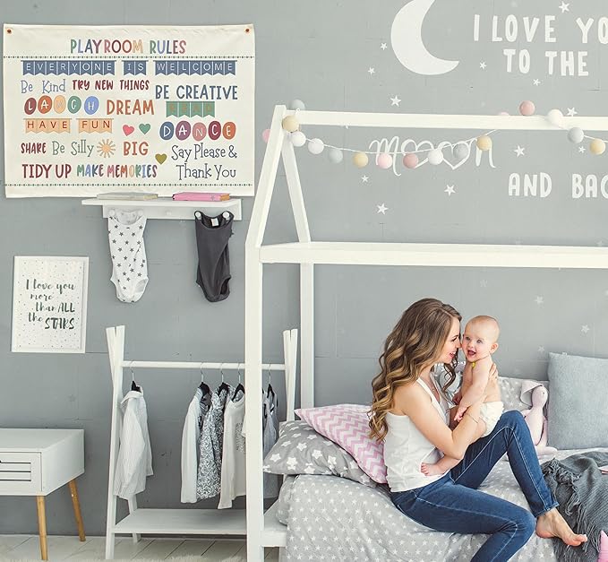 Playroom Kids Toddler Room Wall Decor, Play Room Rules Wall Decor for Kids Play Game Room Bedroom Nursery Home School Playroom Essentials,Canvas Rectangular Banner Poster 28.5x20 Inch