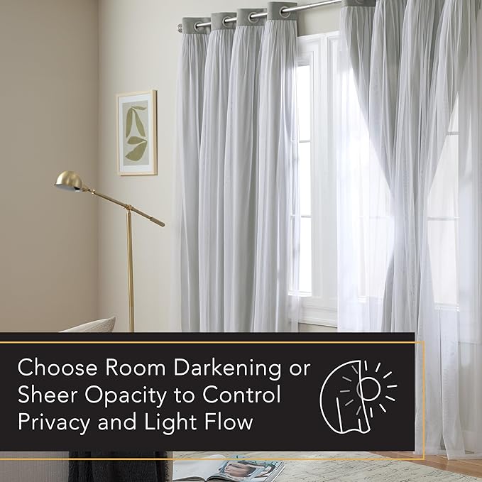 TOWN & COUNTRY LUXE Talia Double Layer Indoor Curtains, Sheer and Room Darkening Blackout, Grommet Top, Energy Efficient, 2-Pack Set, 52"x96", Soft Grey