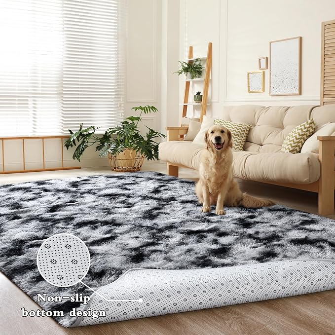 DweIke Fluffy Tie-Dyed Black White Rugs for Bedroom Living Room, 5x8 Large Soft Plush Shaggy Dark Girls Boys Kids Rug, Upgraded Non-Slip and Machine Washable Carpet for Dorm Nursery Classroom Decor