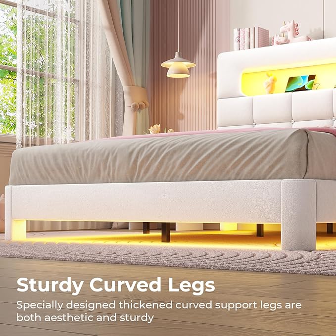 MSmask Queen Upholstered LED Bed Frame with 2-Tier Storage Bookcase Headboard, Velvet Princess Bed with Crystal Button Tufted Headboard & Charging Station, Girls Platform Bed, Curved Legs, White