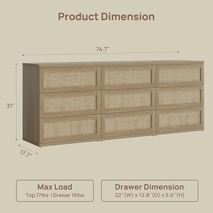 SICOTAS Dresser for Bedroom - 9 Drawer Dresser for Nursery 75" Wide Rattan Dressers & Chests of Drawers Boho Drawers for Bedroom Living Room Clothes Long Closet Storage for Closet Hallway Entryway