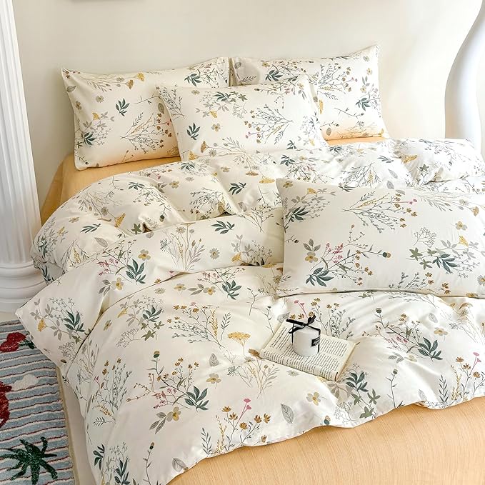 HighBuy Twin XL Duvet Cover Floral Cozy Cotton Girl Yellow Flower Botanical Coquette Bedding Set French Style Comforter Cover with Zipper Chic Vintage Bedding Duvet Cover Twin XL,3 Pieces