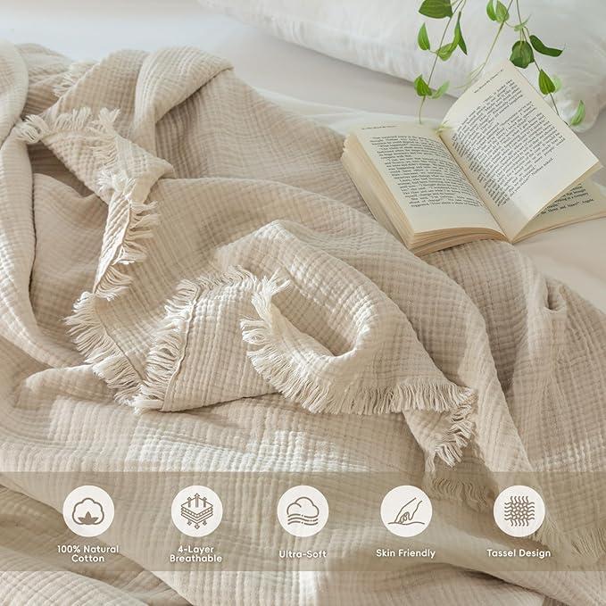 MooMee Muslin Blanket - 100% Cotton 4-Layer Gauze Throw Blanket with All-Around Fringe, Ultra-Soft Breathable Lightweight Cooling Decorative for Bed, Sofa & Couch (Beige,Twin XL 66" x 90")