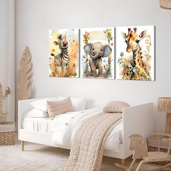 Woodland Animal Wall Art Set of 3, Wild Animals Nursery Picture Wall Decor Canvas, Cute Giraffe Elephant Zebra Watercolor Poster Print Artwork for Boys Girls Room Decoration – 16x24 inch