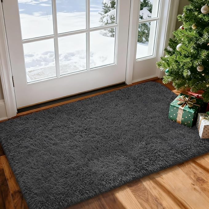 Merelax Fluffy Shaggy Small Area Rug, Dark Grey 2x4 Runner Rugs for Bedside Christmas Decor, Mini Fuzzy Plush Throw Rug, Soft Non-Slip Entryway Shag Catpet for Livingroom Holiday Home Aesthetic