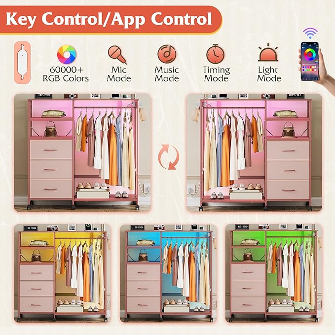 WLIVE Pink Dresser with Hanging Rack for Bedroom, 3 Drawer Dresser with LED Lights & Charging Station, Fabric Dressers & Chest of Drawers, Storage Organizer with Open Shelves for Living Room