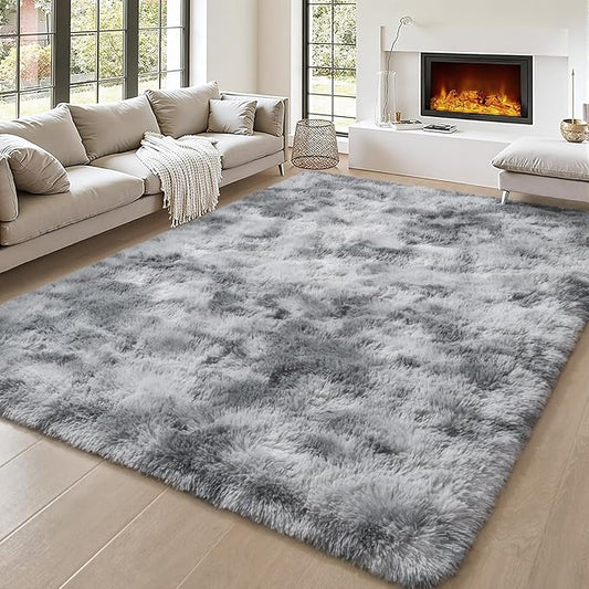 BENRON Fluffy Tie-dye Grey Rugs for Living Room Bedroom 4x6, Soft Plush Fuzzy Shaggy Rugs for Kids Girls Boys Room Decor, Washable Indoor Floor Carpets