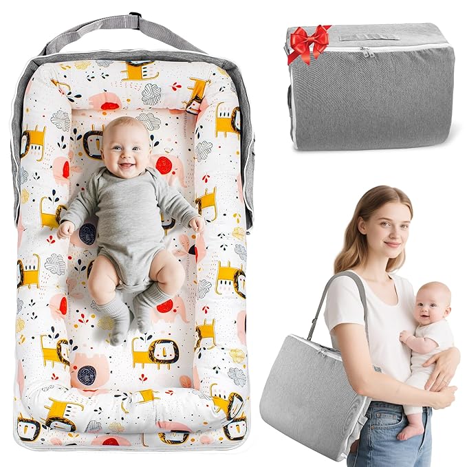 Baby Lounger & Nest for Newborn 0-24 Months, Baby Nest Supervised Breathable Cotton for Newborn, Newborn Essentials Gifts, Breathable Portable Infant Lounnger for Travel and Home(Animal)