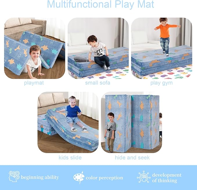 MeMoreCool Kids Floor Futon Mattress, Play Mat Muscle Mat Large 6x4 FT, Thicken Foam Tatami Mattress for Children Play Area, Foldable Sleeping Crawling Pad for Playroom, Dinosaur