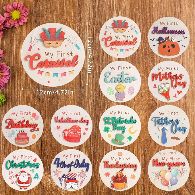 My First Holiday Milestone Signs, 12PCS Baby Holiday Milestone Double-Deck Cards, Wooden Discs Announcement Sign Newborn Photo Props for Baby Shower Party Supplies Gift