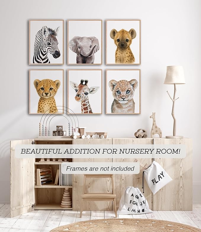 KIU DESIGNS Nursery Wall Art - Unframed Safari Nursery Decor - Set of 6 Animal Wall Decor Gift for Baby - Safari Portrait - 8"x10"