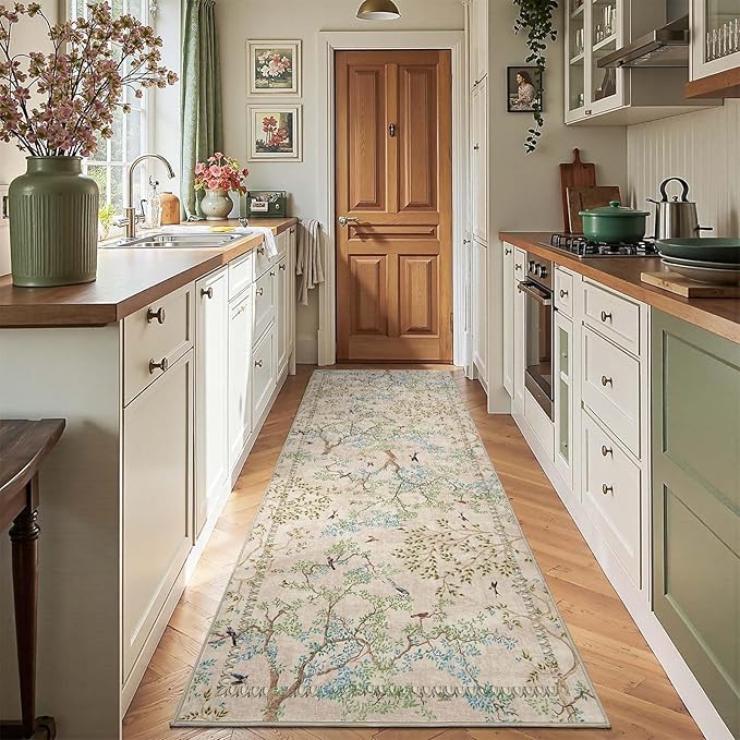 jinchan Yarden Beige Botanical Birds 3x10 Runner Rug for Hallway Washable Non Slip Soft Nature Plants Modern Runner Carpet Vintage Ultra Thin Low Pile Rug for Entryway Living Room Laundry