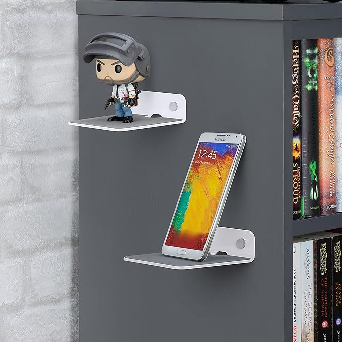 BRAINWAVZ 2-Pack 4” Small Floating Shelf Bluetooth Speaker Stand, Adhesive & Screw Wall Mount, Anti Slip, for Cameras, Baby Monitors, Webcam, Router & More, Universal Holder (SHELF11 White)