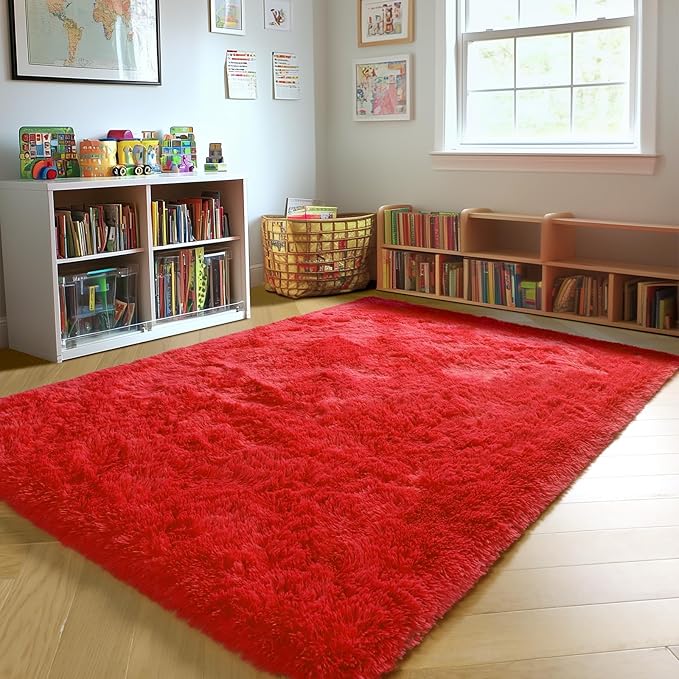 ONASAR Red Rugs for Living Room Bedroom, 5x8 Washable Fluffy Bedside Area Rug, Soft Plush Shaggy Indoor Floor Carpet for Nursery Kids Girls Boys Teen Dorm Home Office Decor Aesthetic