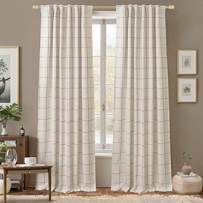 DriftAway 2 Panels 100% Blackout Windowpane Plaid Linen Curtains Double Layer Drapes for Bedroom 90 Inches Long Farmhouse Thermal Insulated 3.25 Inch Rod Pocket Back Tab for Living Room Red