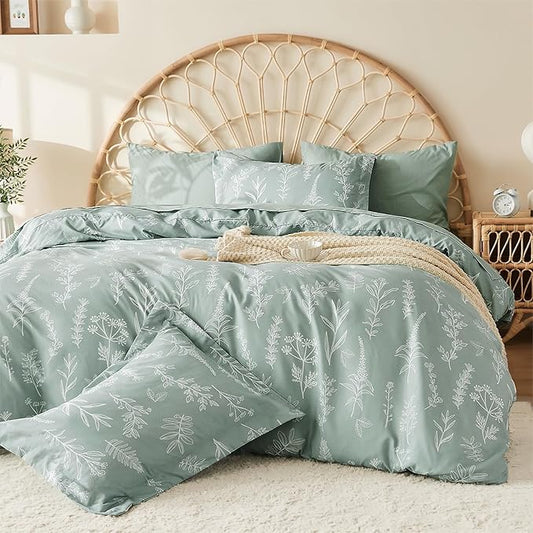 MUXHOMO Duvet Cover King Size, Reversible Floral Green Duvet Cover Set with Zipper Closure, 3 Pieces Botanical Patterns Soft Microfiber Bedding Set (90"x104", 2 Pillow Cases 20"×36")