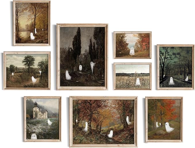 uniro Cute Ghost Decor Halloween Wall Art Prints, Vintage Ghost Pictures for Halloween Wall Decor, Spooky Autumn Landscape Canvas Oil Painting, Moody Gothic Home Decor Dark Academia Aesthetic Posters for Bedeoom, Gallery, Living Room, Bathroom (UNFRAMED)