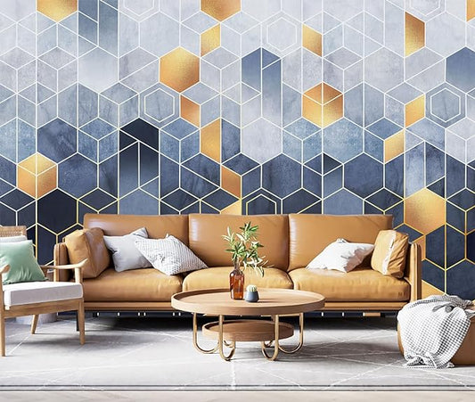 Blue and Gold Geometric Wallpaper Mural for Living Room Bedroom（Not Peel and Stick）
