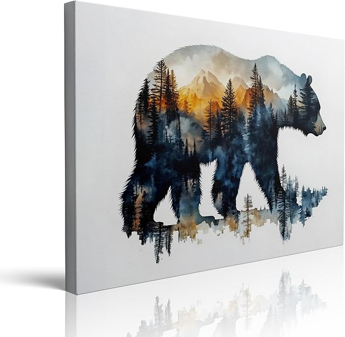 Woodland Bear Silhouette Canvas Wall Art - Framed Nature Painting Print, Mountain Forest Wildlife Wall Decor Artwork and Posters for Cabin, Living Room, Bedroom, Office (16x24 Inches)