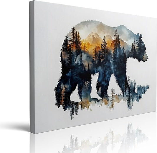 Woodland Bear Silhouette Canvas Wall Art - Framed Nature Painting Print, Mountain Forest Wildlife Wall Decor Artwork and Posters for Cabin, Living Room, Bedroom, Office (16x24 Inches)