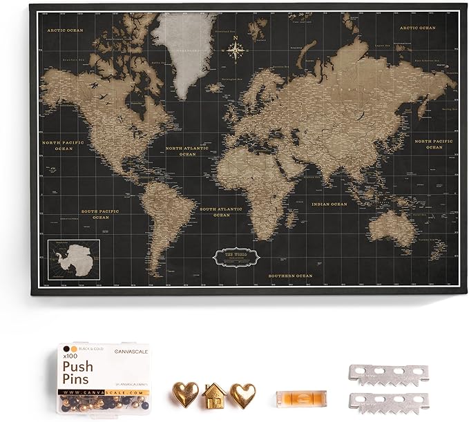Canvas World Map with Cork Pin Board - English Lettering - Decorative Wall Decoration for All Rooms - Canvas Pictures with World Map Motif (150x100 cm, Pattern 6)