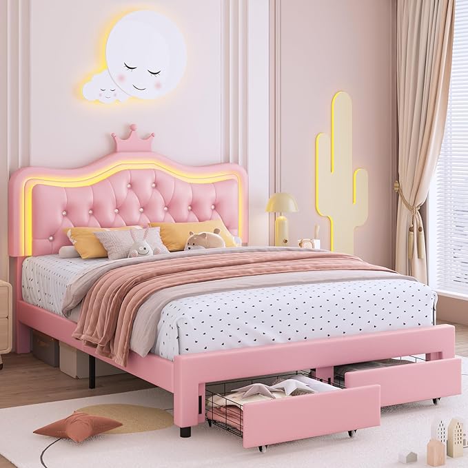 Keyluv Queen Upholstered LED Bed Frame with Storage Drawer, Leather Princess Platform Bed with Adjustable Crystal Button Tufted Crown Headboard, Solid Wooden Slats Support, No Box Spring Needed, Pink