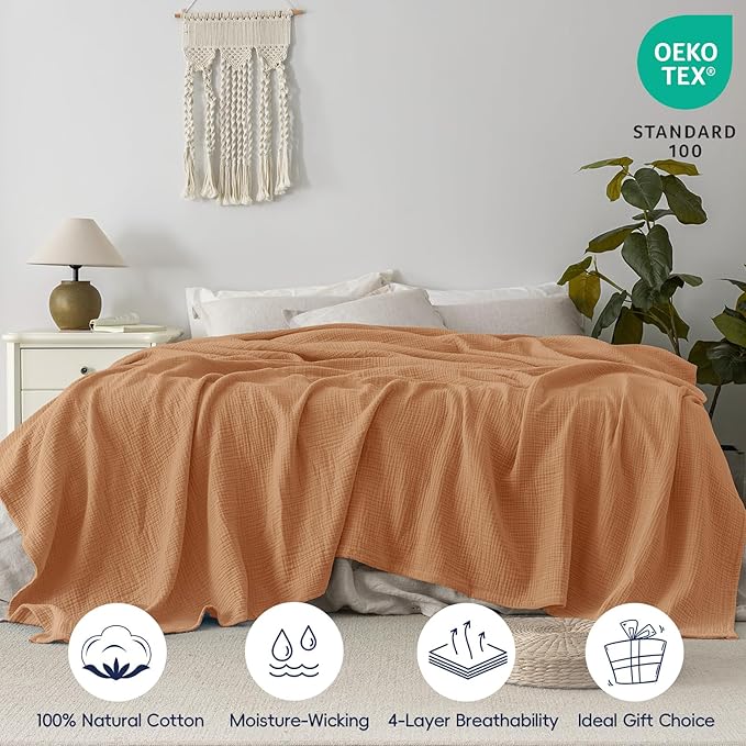 PHF 100% Cotton Muslin Blanket Twin XL Size 66"x90", 4-Layer Lightweight Gauze Throw, Breathable Cloud-Soft Minimalist Blanket for Bed, Couch, Camping & Baby, Caramel, Ideal Gift