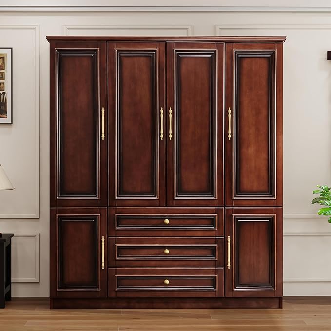 Solid Wood Armoire:Large Wardrobe Closet with Drawers and Hanging Rod,Storage Cabinet Clothes Organizer for Bedroom Cherry Finish