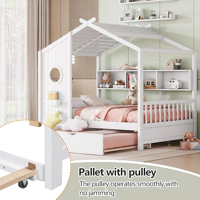 Harper & Bright Designs Kids Full Size House Bed with Trundle & Storage Shelf, Wood Full Size Platform Bed Frame with Roof, House Bed for Boys, Girls, White