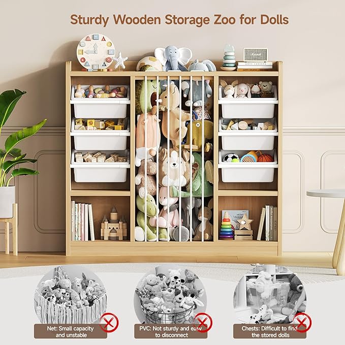 ONBRILL Toy Storage Organizer with 6 Removable Plastic Bins, Toddler Stuffed Animal Storage, Toy Box Cabinet with 2 Open Cubbies, Book Shelf for Kids Room Playroom Bedroom Nursery (Maple Wood)