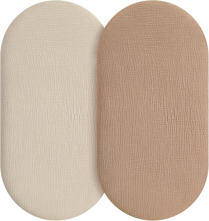 Muslin Bassinet Sheets Boy Girl, 100% Cotton Fitted Bassinet Sheet Set 2 Pack Bassinet Mattress Sheets Universal Fit for Rectangle, Round, Oval, Hourglass Mattress, Soft Breathable