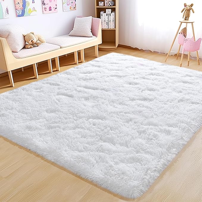 Fluffy 4x6 Area Rug–1.4" High-Pile Plush Carpet, Fuzzy Nursery Rugs for Bedroom, Soft Throw Rug for Living Room–White
