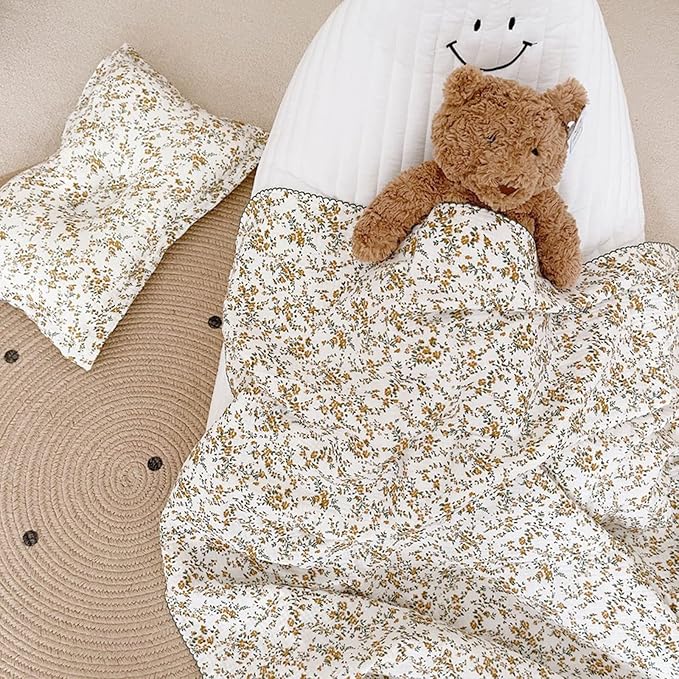 BuLuTu 4 Layer Toddler Blanket 100% Cotton Muslin Bed Blankets for Kids,Girls,Boys, with Cute Hibiscus Flowers Pattern Lightweight Thermal Baby Blanket, Super Soft Warm Crib Blanket, 47x51