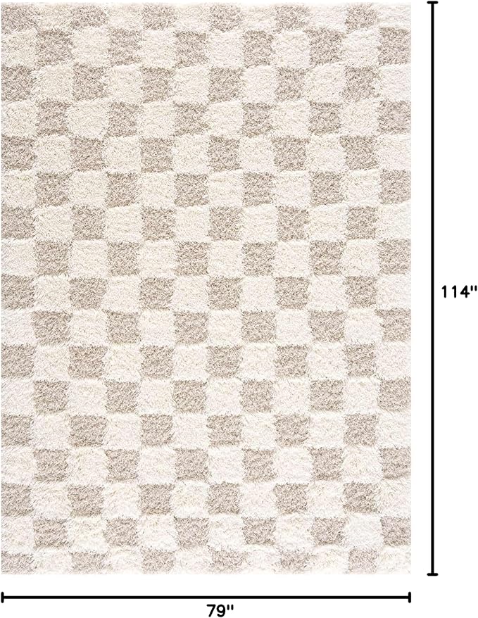 BoutiqueRugs Atira Modern Checkered Shag Area Rug - High Pile Fluffy Shaggy Carpet for Kids Room, Nursery, Living Room, Bedroom - Beige, Cream, White - 6'7" X 9'6" (6x9)