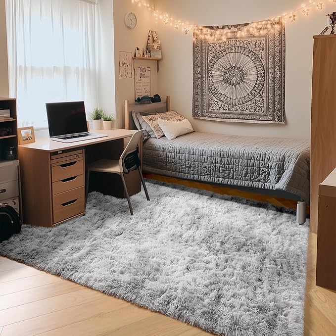 ONASAR Area Rugs for Bedroom Living Room, 4x6 Tie-Dyed Light Grey Fluffy Shaggy Bedside Throw Rug, Washable Indoor Soft Plush Floor Carpet for Nursery Kids Girls Boys Teen Dorm Home Office Decor