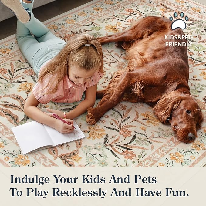 Lahome Fall Floral Washable Area Rugs 8x10, Boho Living Room Large Rugs Non-Slip for Bedroom, Soft Rubber Backed Burnt Orange Carpet for Dining Playroom Decor, Ochre Fall